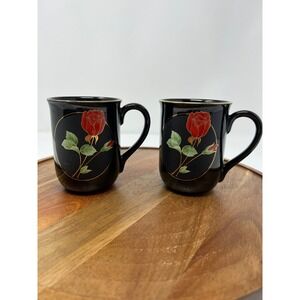 Goryu Rose Japan Black Mug Set Red Rose Gold Trim‎ Coffee Tea Cup Pair